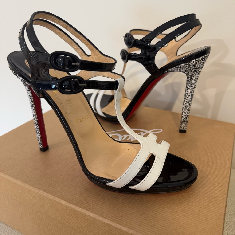 Christian Louboutin Patent Calf Glitter Double Tutti T-Strap Sandals 40.5